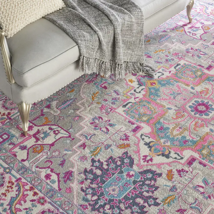 Light Gray And Pink Medallion Area Rug Photo 6