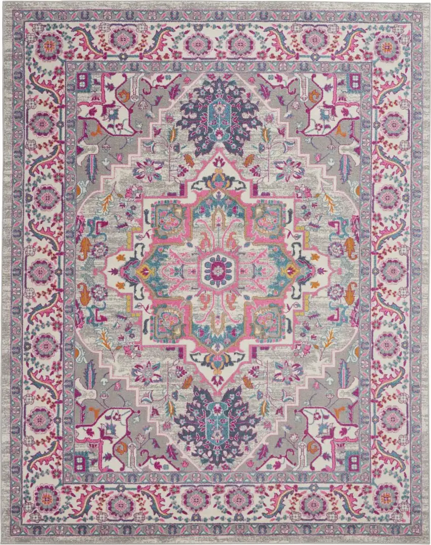 Light Gray And Pink Medallion Area Rug Photo 8