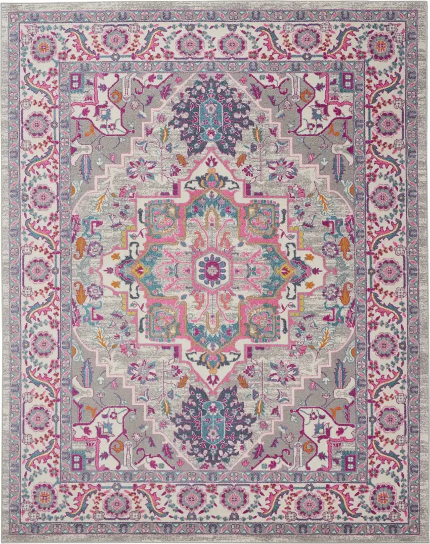 Light Gray and Pink Medallion Area Rug Photo 9