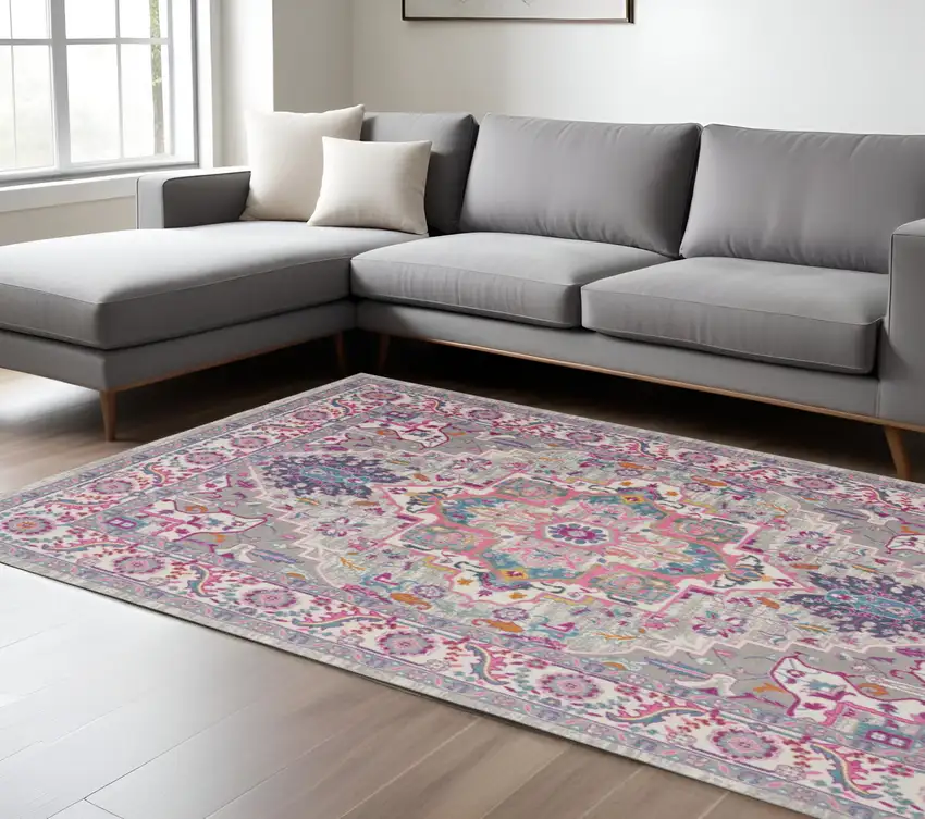 Light Gray And Pink Medallion Area Rug Photo 2