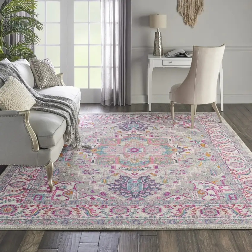 Light Gray and Pink Medallion Area Rug Photo 6