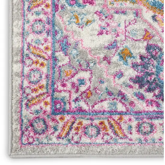 6' Light Gray And Pink Medallion Runner Rug Photo 8