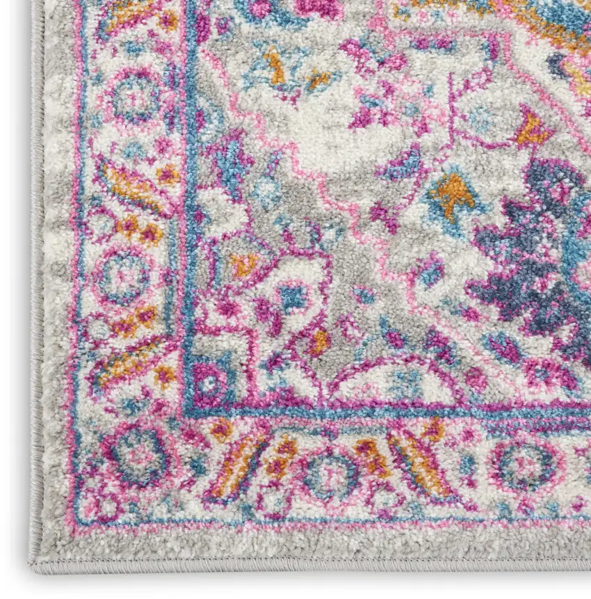 6' Light Gray And Pink Medallion Runner Rug Photo 8