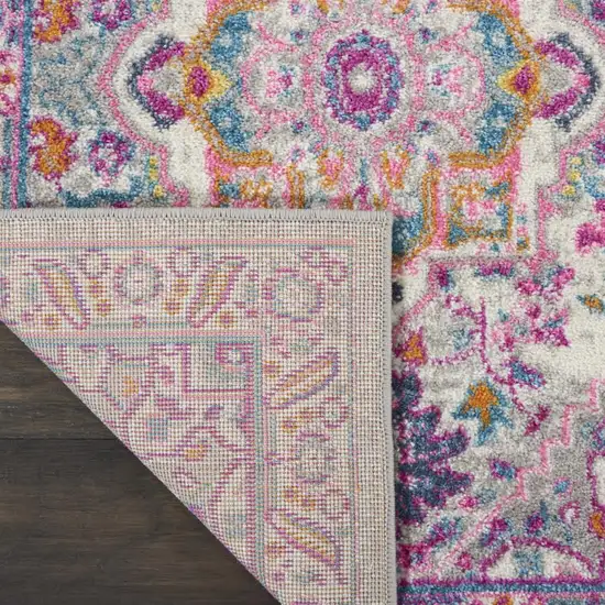 6' Light Gray And Pink Medallion Runner Rug Photo 8
