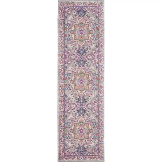 6' Light Gray And Pink Medallion Runner Rug Photo 9