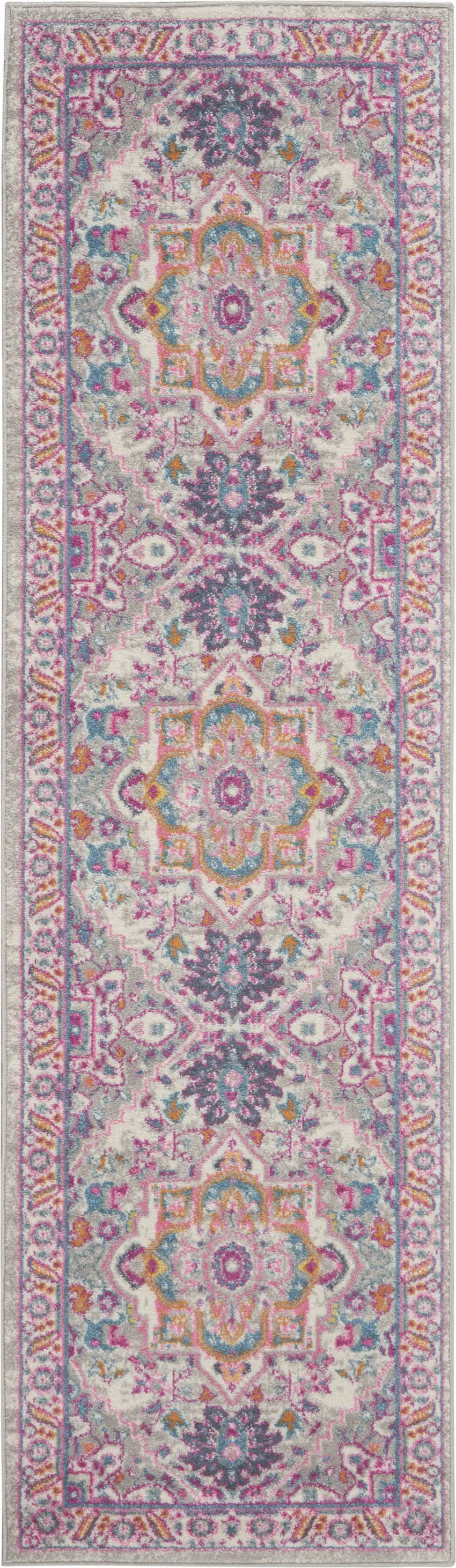 6' Light Gray And Pink Medallion Runner Rug Photo 9