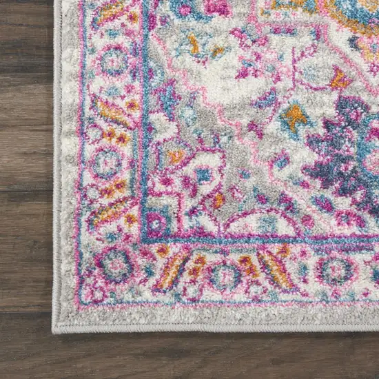 6' Light Gray And Pink Medallion Runner Rug Photo 9
