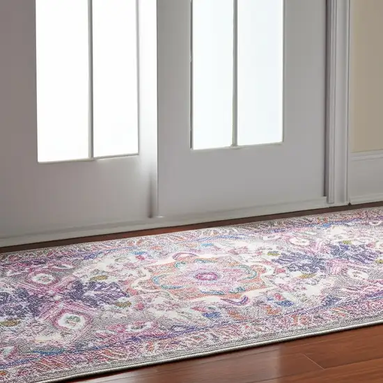 6' Light Gray And Pink Medallion Runner Rug Photo 1