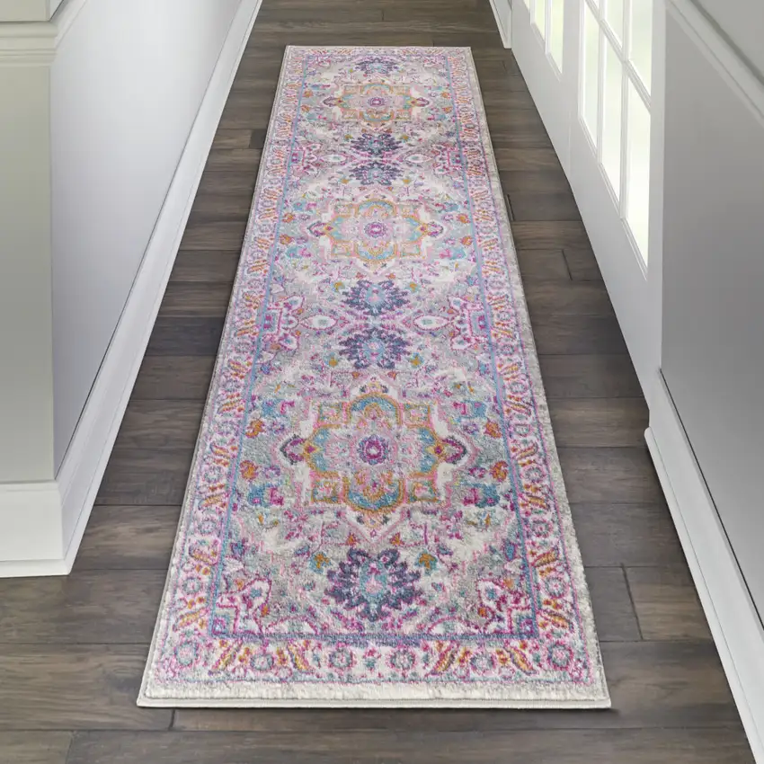 6' Light Gray And Pink Medallion Runner Rug Photo 5