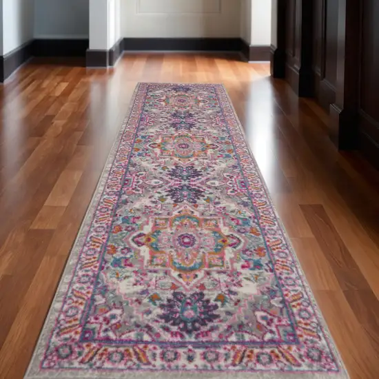 10' Light Gray And Pink Medallion Runner Rug Photo 1