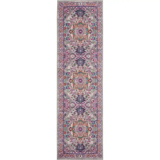10' Light Gray And Pink Medallion Runner Rug Photo 8
