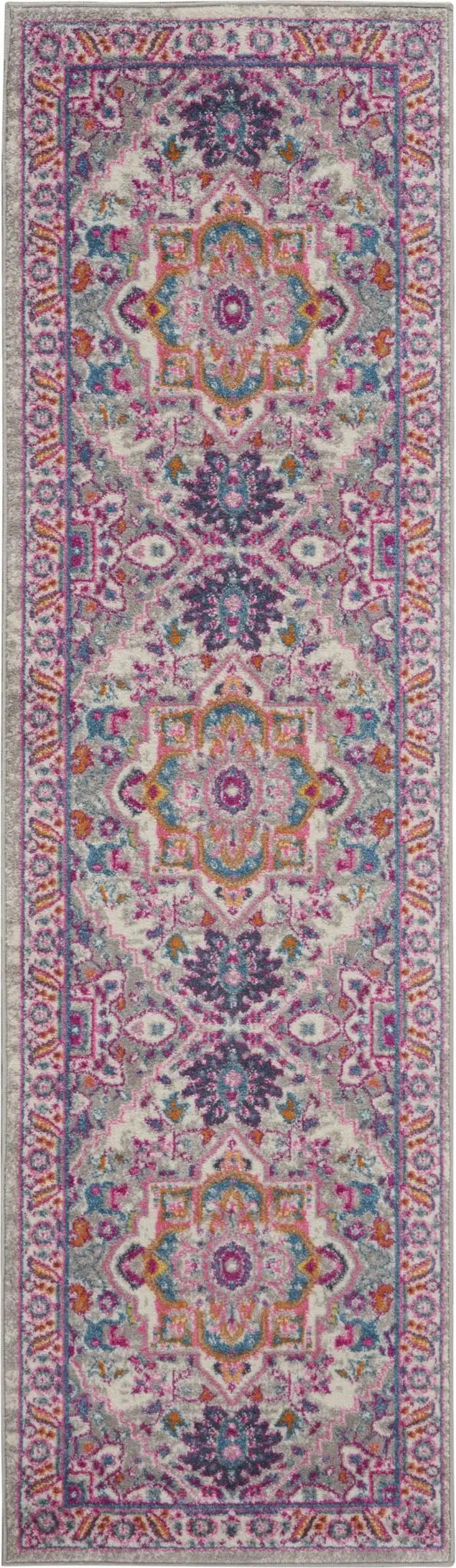10' Light Gray And Pink Medallion Runner Rug Photo 8