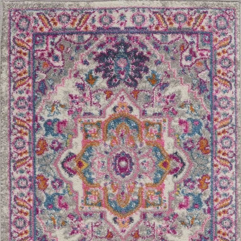 Light Gray and Pink Medallion Runner Rug Photo 2