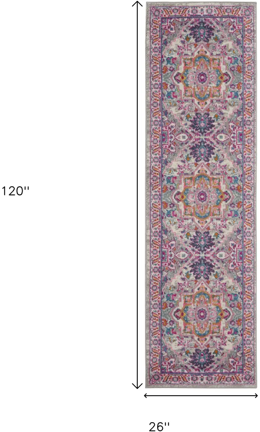 10' Light Gray And Pink Medallion Runner Rug Photo 3