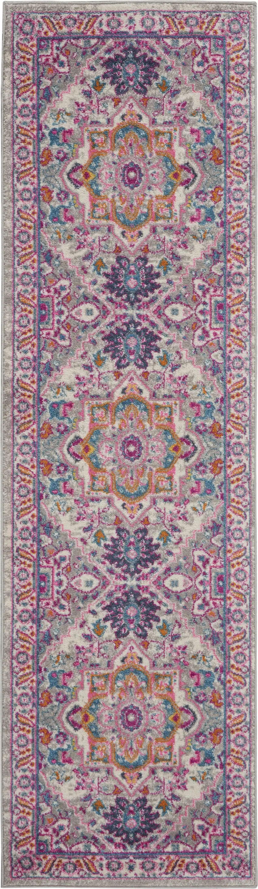 10' Light Gray And Pink Medallion Runner Rug Photo 1