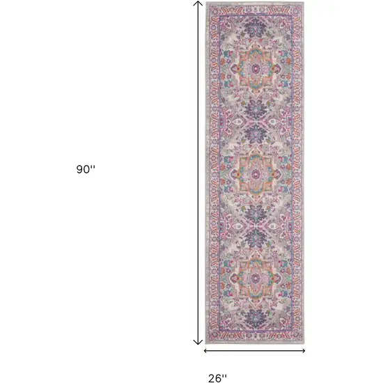 8' Light Gray And Pink Medallion Runner Rug Photo 3
