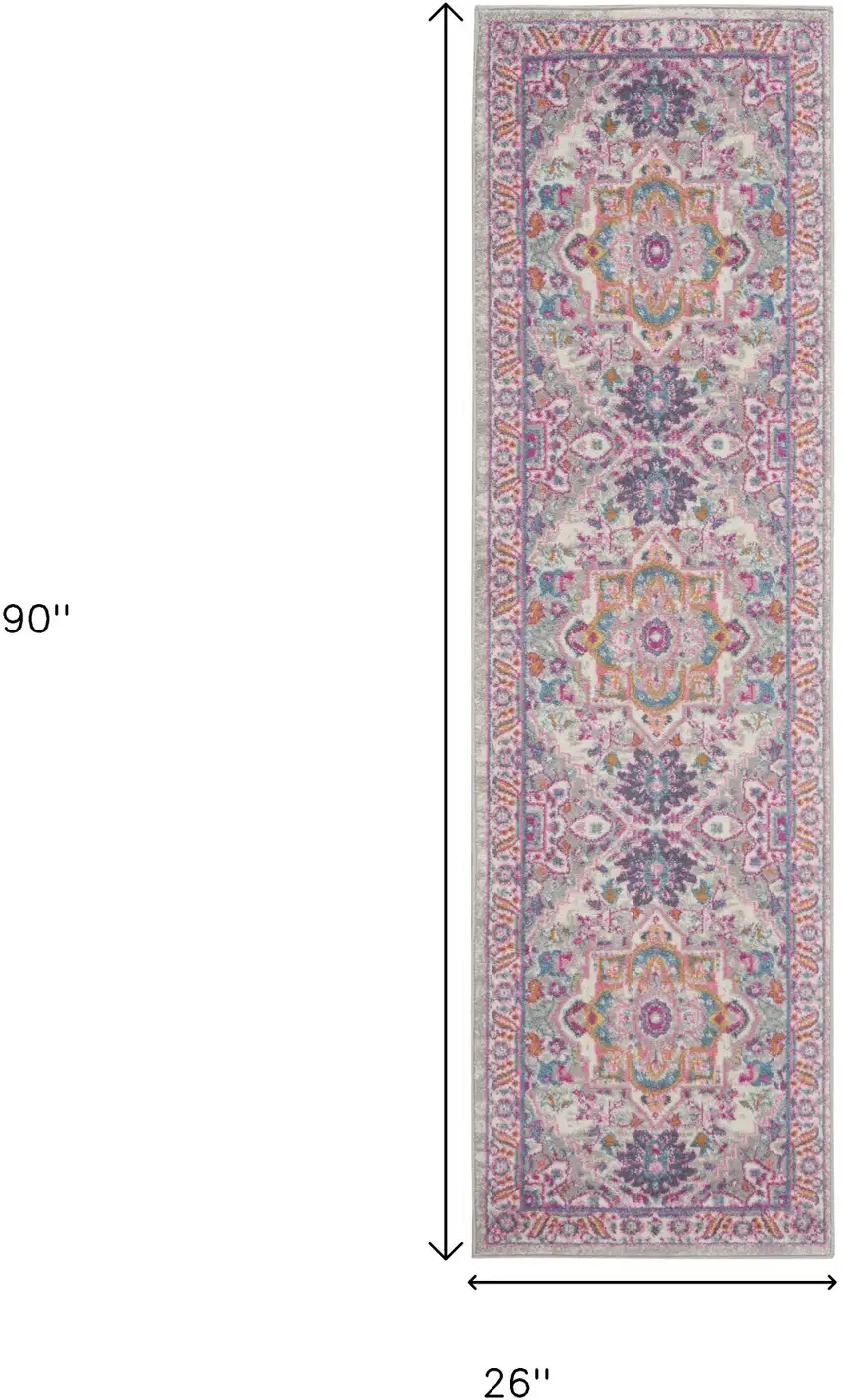 8' Light Gray And Pink Medallion Runner Rug Photo 3