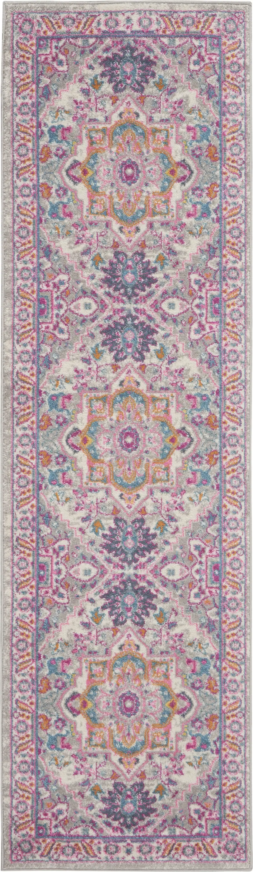8' Light Gray And Pink Medallion Runner Rug Photo 1