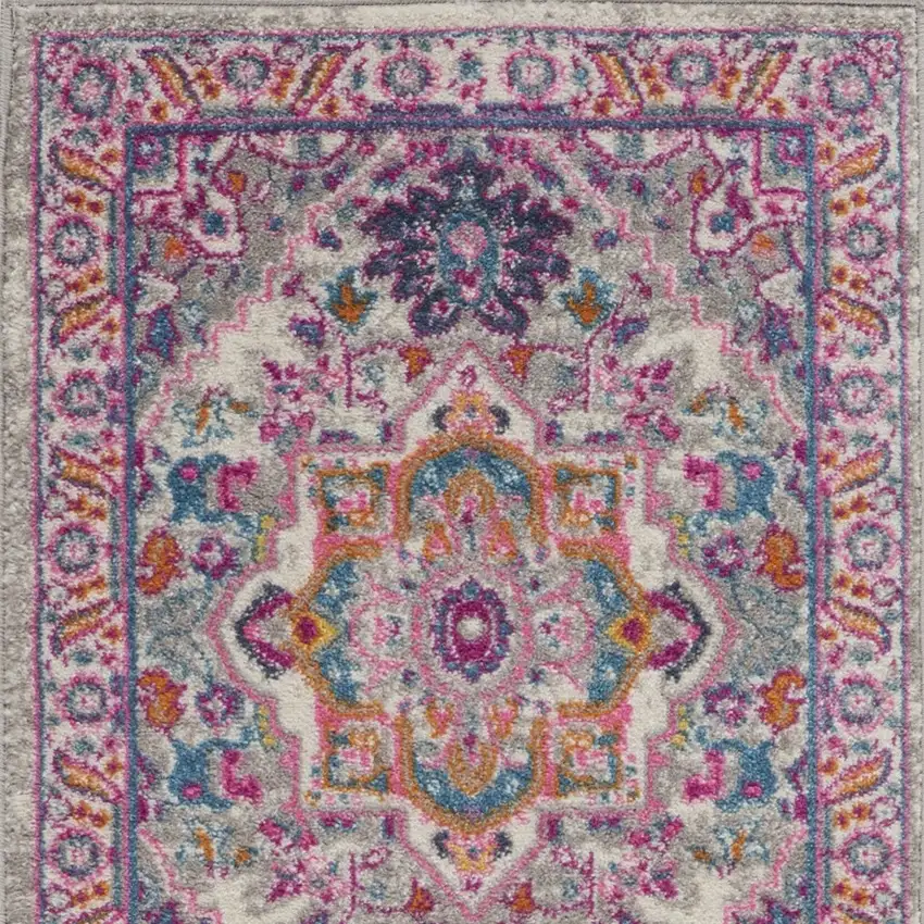 Light Gray and Pink Medallion Runner Rug Photo 7