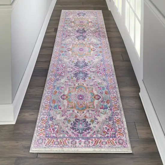 8' Light Gray And Pink Medallion Runner Rug Photo 5