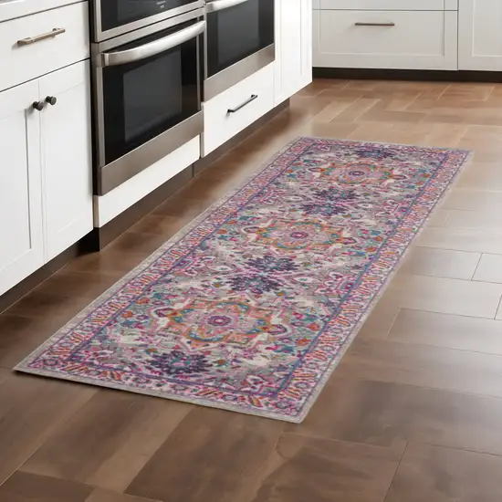 8' Light Gray And Pink Medallion Runner Rug Photo 1