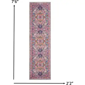 Photo of Light Gray and Pink Medallion Runner Rug