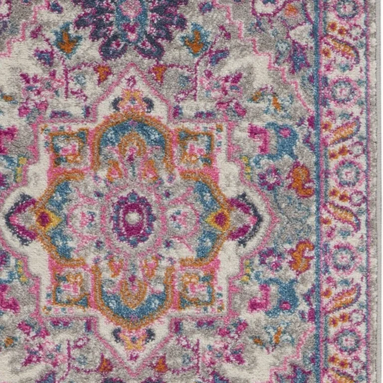 Light Gray and Pink Medallion Runner Rug Photo 2