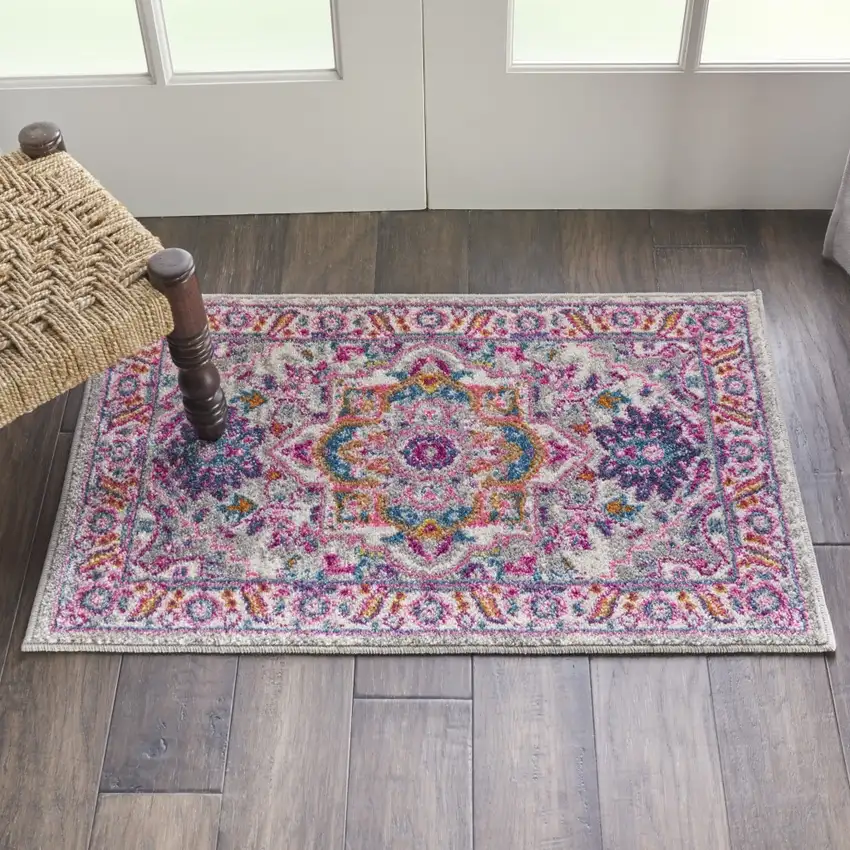 Light Gray and Pink Medallion Scatter Rug Photo 5