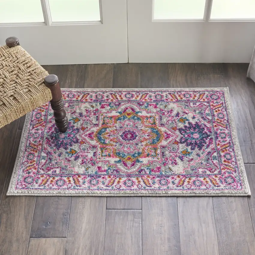 Light Gray And Pink Medallion Area Rug Photo 4