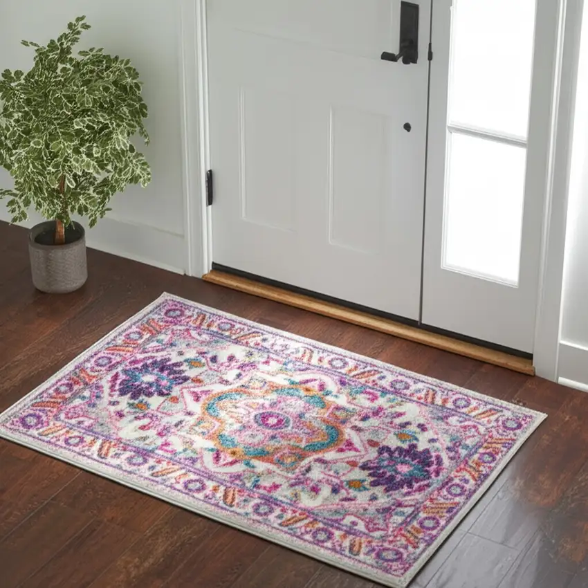 Light Gray And Pink Medallion Area Rug Photo 1