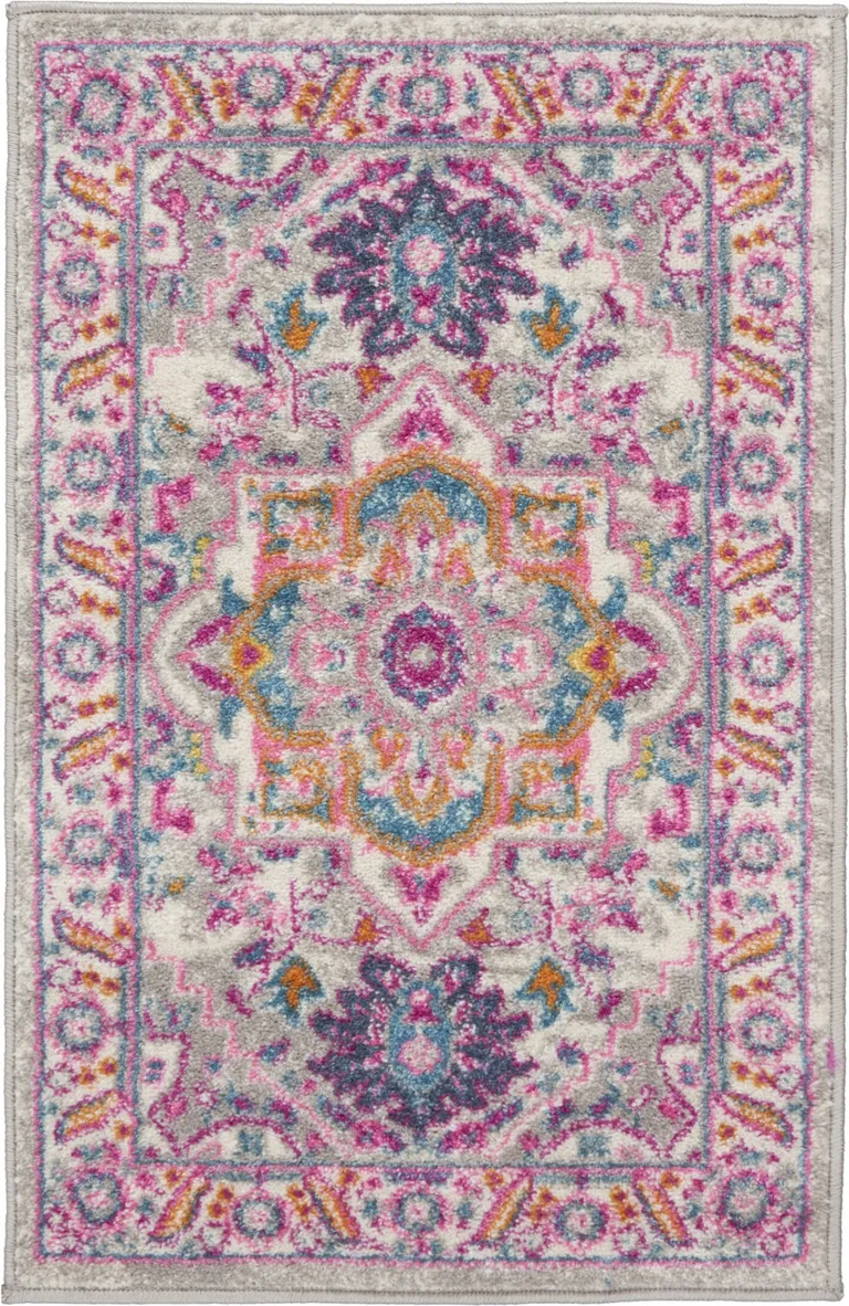 Light Gray and Pink Medallion Scatter Rug Photo 3