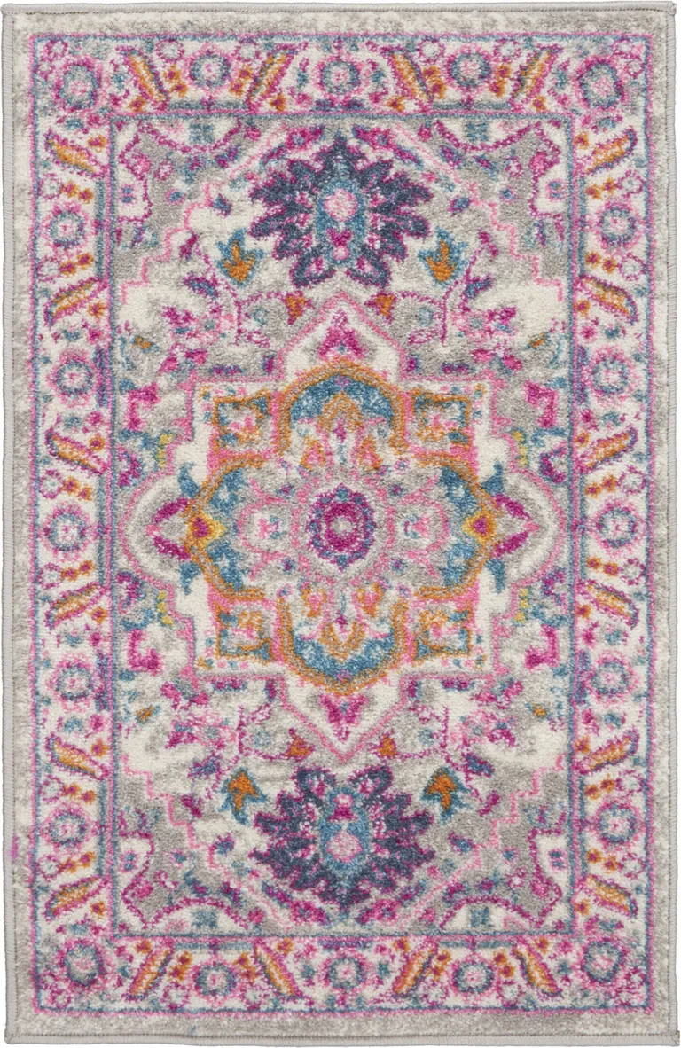 Light Gray and Pink Medallion Scatter Rug Photo 4