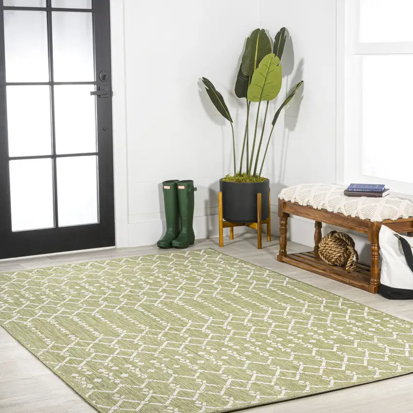 Light Green And Cream Trellis Indoor Outdoor Area Rug Photo 8