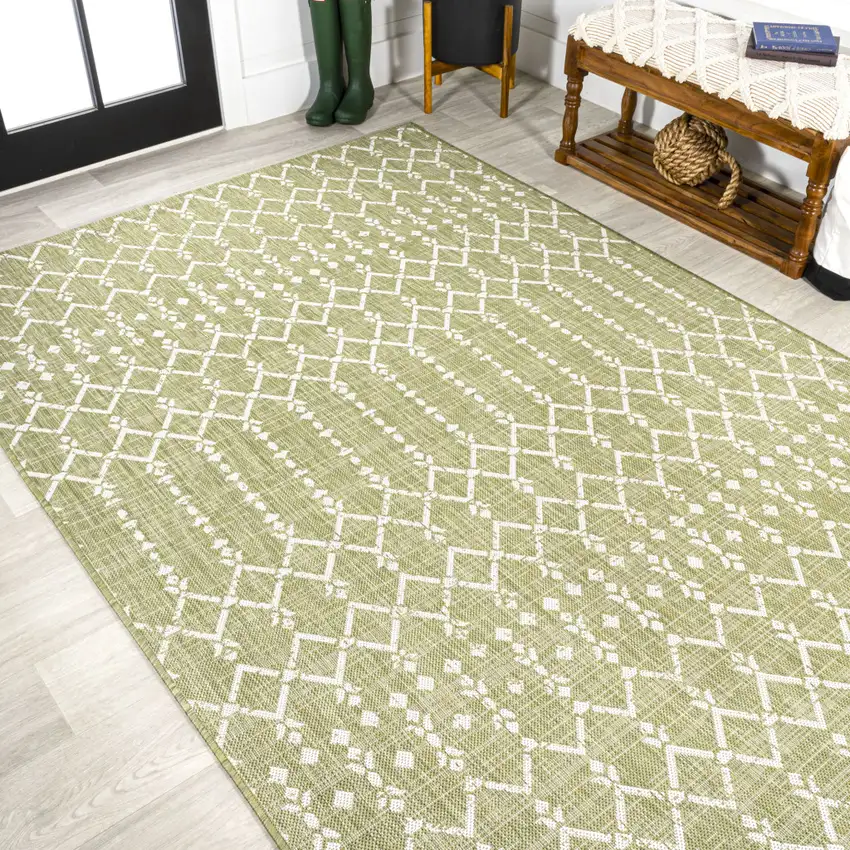 Light Green And Cream Trellis Indoor Outdoor Area Rug Photo 7