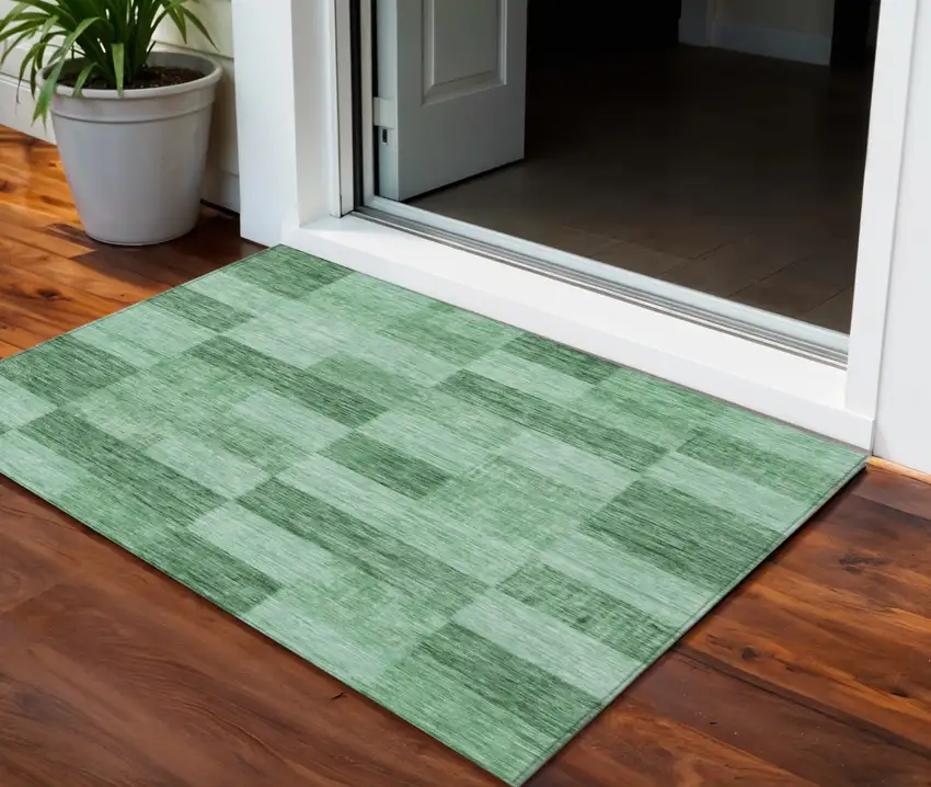 Light Green And Dark Green Geometric Washable Indoor Outdoor Area Rug Photo 1