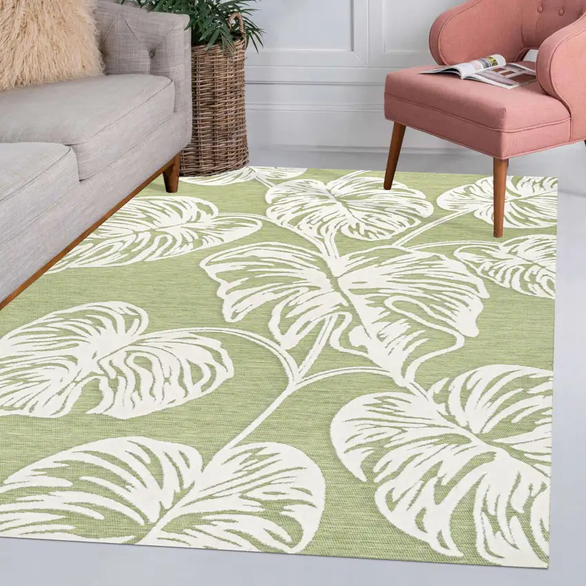 Light Green And Ivory Floral Indoor Outdoor Area Rug Photo 9