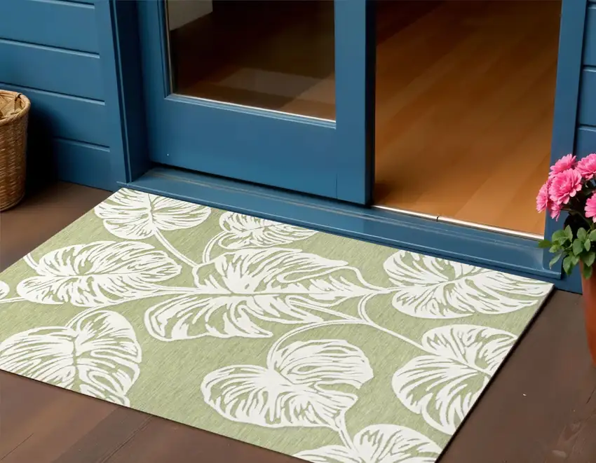 Light Green And Ivory Floral Indoor Outdoor Area Rug Photo 1