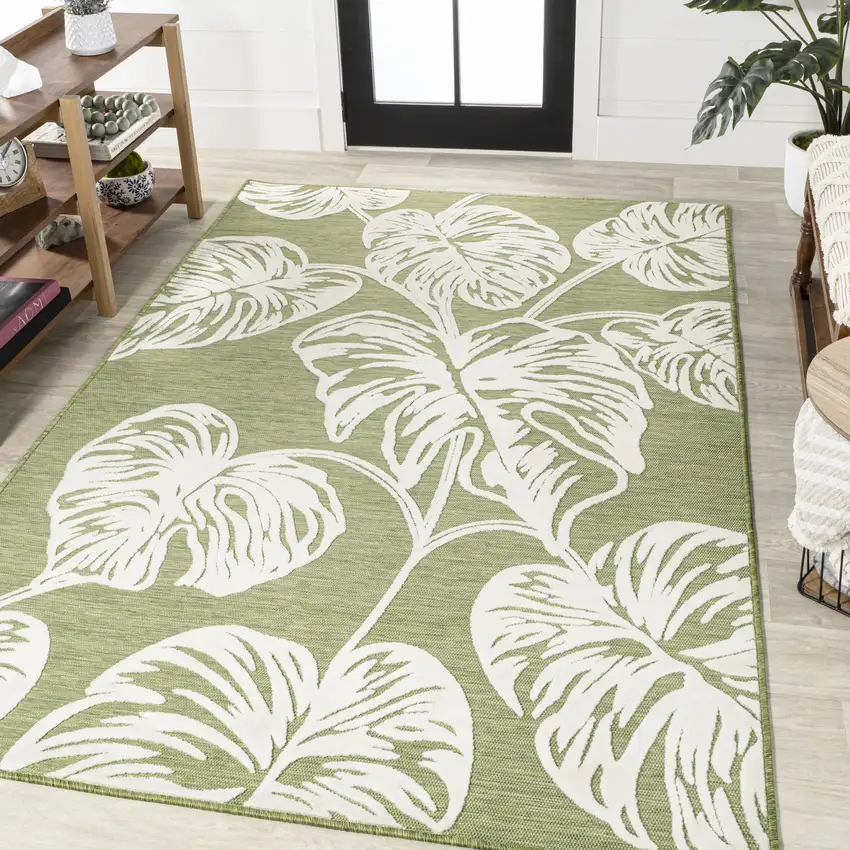 Light Green And Ivory Floral Indoor Outdoor Area Rug Photo 5
