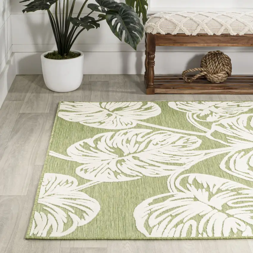 Light Green And Ivory Floral Indoor Outdoor Area Rug Photo 6