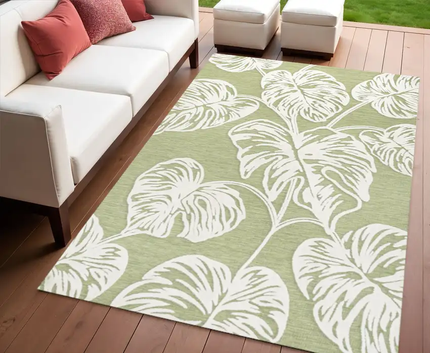 Light Green And Ivory Floral Indoor Outdoor Area Rug Photo 1