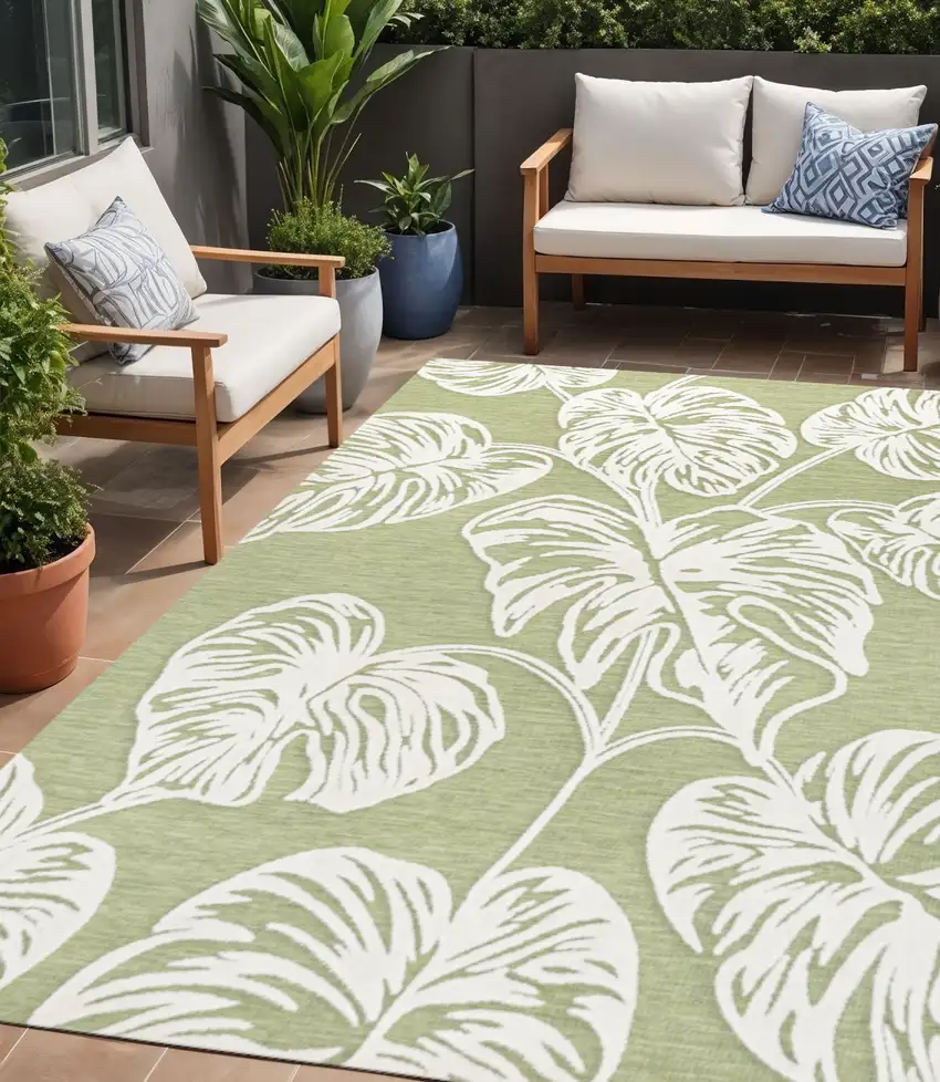 Light Green And Ivory Floral Indoor Outdoor Area Rug Photo 1