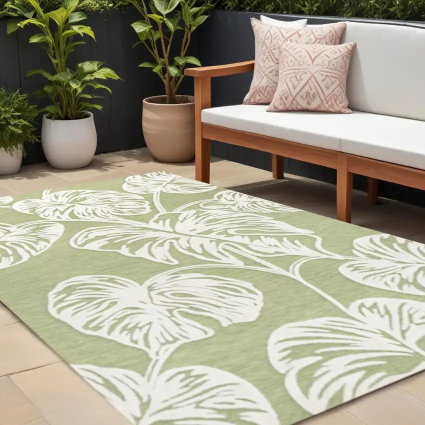 Light Green And Ivory Floral Indoor Outdoor Area Rug Photo 1