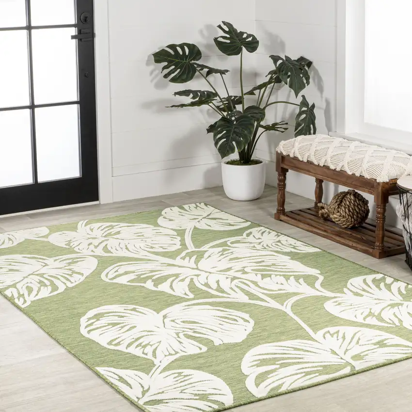 Light Green And Ivory Floral Indoor Outdoor Area Rug Photo 7