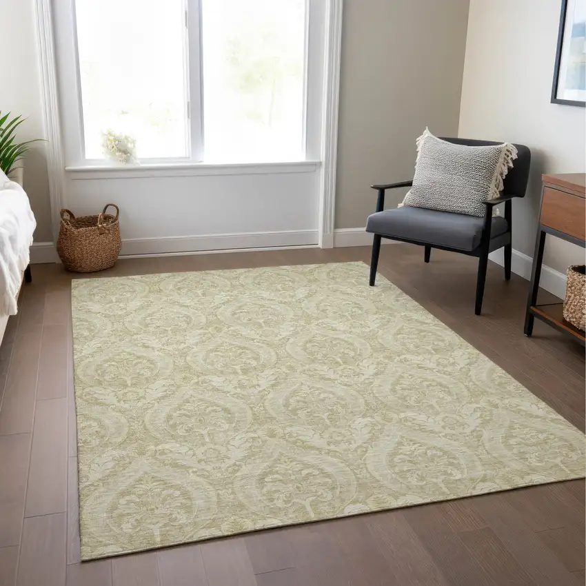 Light Green Damask Washable Indoor Outdoor Area Rug Photo 9