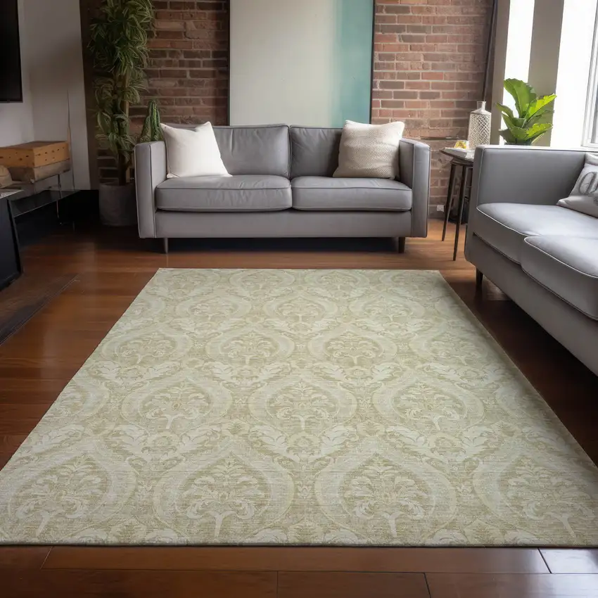 Light Green Damask Washable Non Skid Indoor Outdoor Area Rug Photo 9