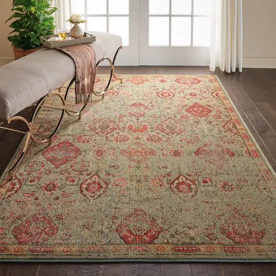 Light Green Tan And Red Floral Distressed Non Skid Area Rug Photo 4