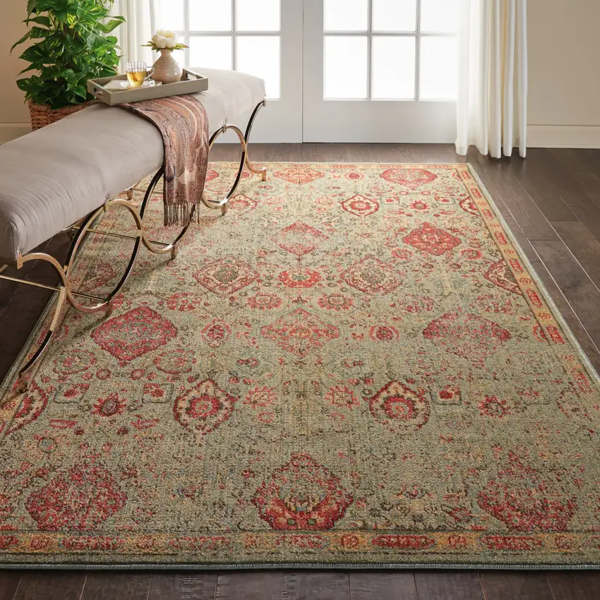 Light Green Tan And Red Floral Distressed Non Skid Area Rug Photo 4