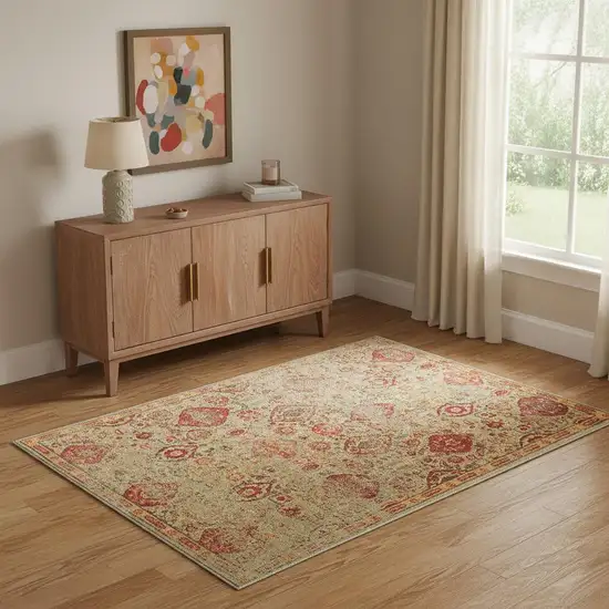 Light Green Tan And Red Floral Distressed Non Skid Area Rug Photo 1