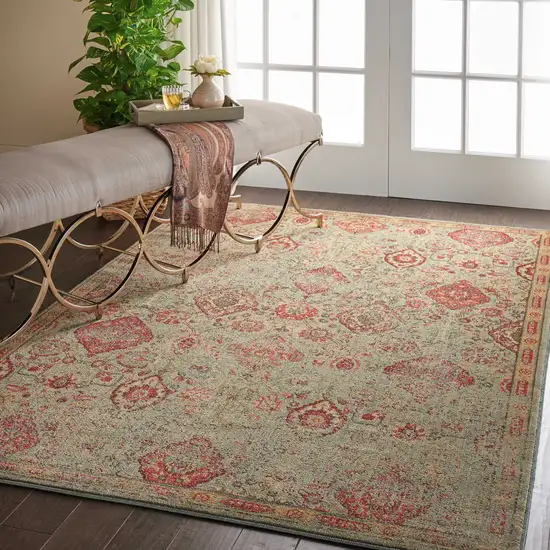 Light Green Tan And Red Floral Distressed Non Skid Area Rug Photo 6