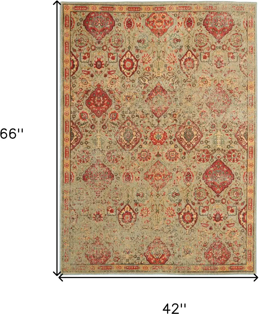 Light Green Tan And Red Floral Distressed Non Skid Area Rug Photo 3
